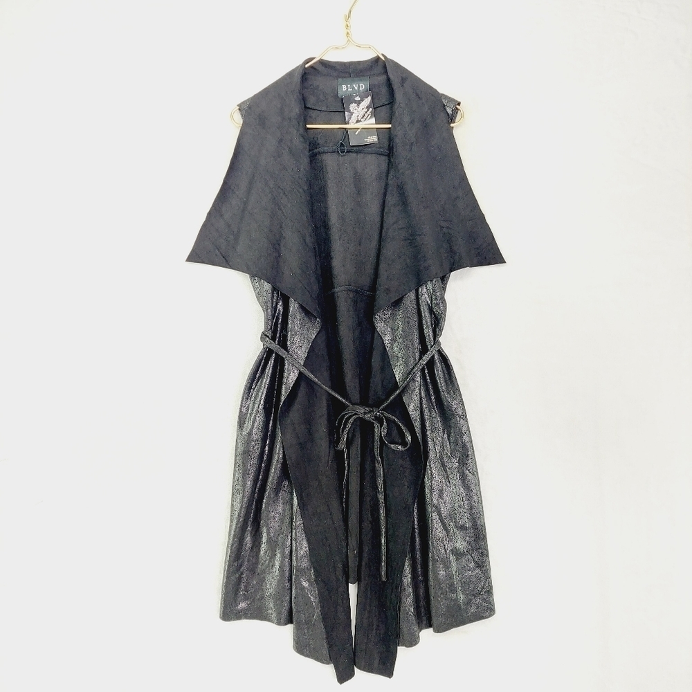 NEW BLVD Black Faux Leather Long Open Front Waist Tie Vest P7060